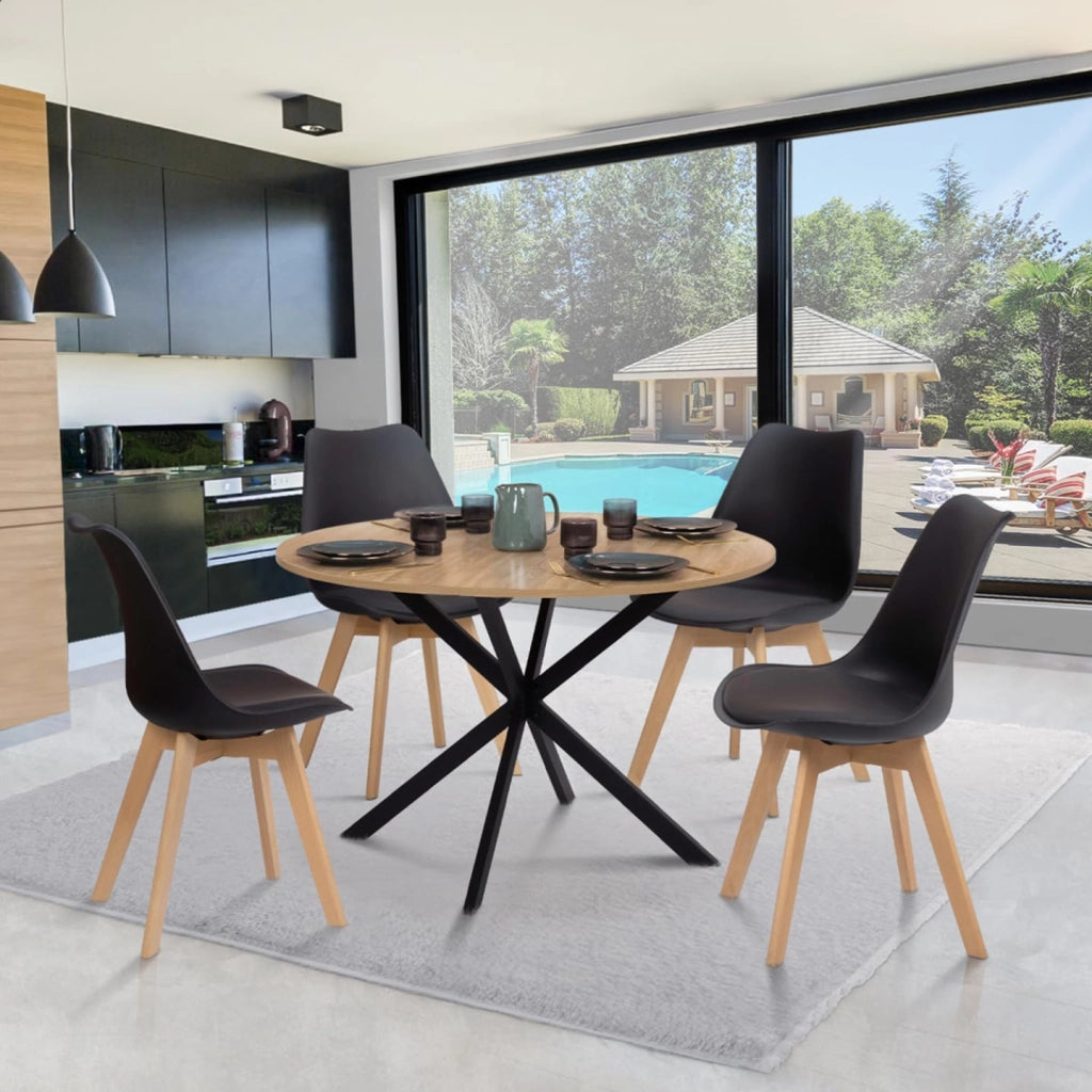 IDMarket - Tavolo da pranzo rotondo ALIX, legno e gambe a ragno nere, 4-6 persone, 110 cm