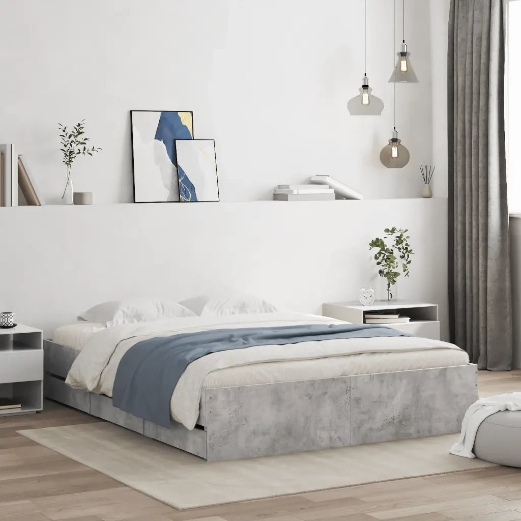 Letto matrimoniale | Letto per adulti | Giroletto Cassetti Grigio Cemento 150x200 cm Legno Multistrato