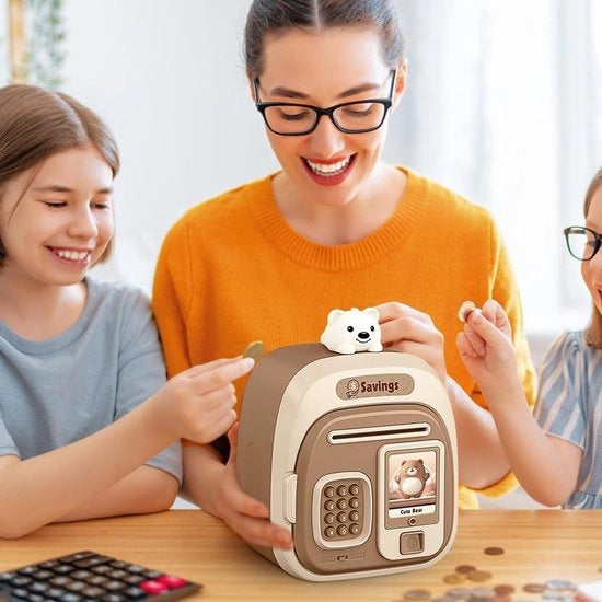 Cassa elettronica con rilevamento impronte digitali, Adatta per bambini con cassa musicale, accetta monete ATM, (marrone chiaro) 18*13cm