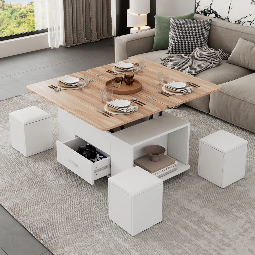 Tavolino da salotto sollevabile e allungabile con 4 sgabelli contenitore, bianco e effetto legno, 100x50 cm