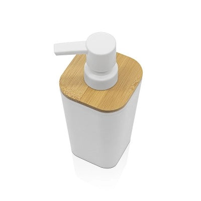 Dispenser sapone in finitura bianca opaca con dettagli in bambù