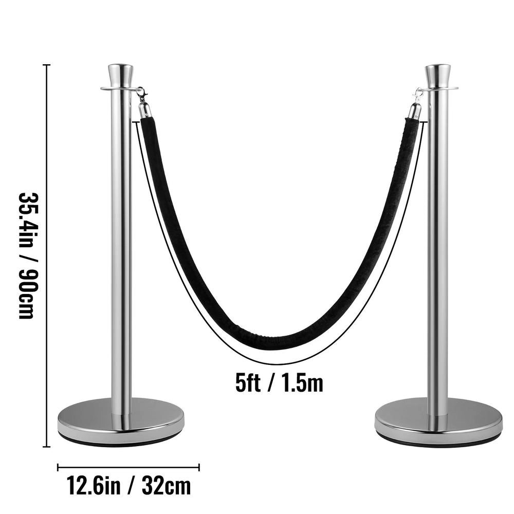 Crowd Control Support, 2-piece Set, Stake Set With 1.5 M Black Velvet Rope, Silver Crowd Control Barrier With Stable Concrete And Metal Base – Easy Assembly
