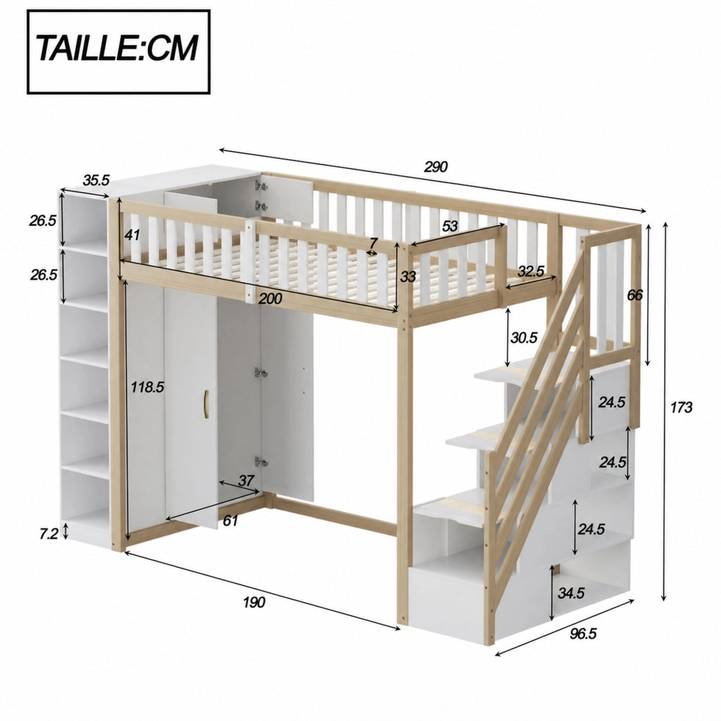 DESMIU Letto a soppalco letto singolo 1 posto con armadio, scaffali e scala contenitore 90 × 200 cm senza materasso