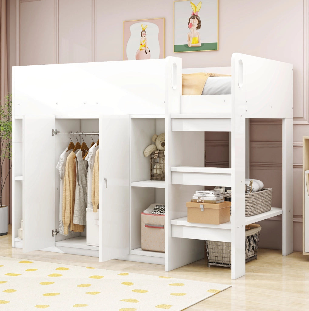 Letto a soppalco ULEVR 90x200 cm con armadio, ripiani aperti e scala, bianco e grigio