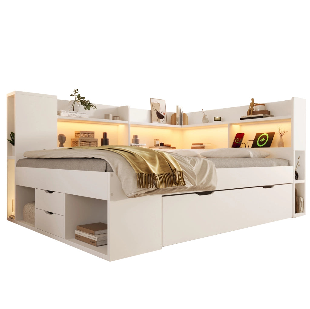 Letto singolo/doppio 140x200 cm con LED; porte USB e Type-C; cassetti e ripiani; bianco