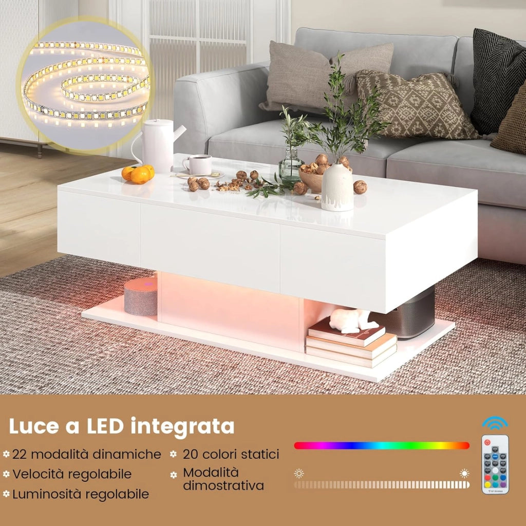 Tavolino da Caffè Moderno, Tavolino a 2 Piani con 20 Luci LED a Colori, 2 Cassetti Portaoggetti e Finitura Lucida, Tavolino Rettangolare per Salotto, Studio e Camera da Letto (Bianco)