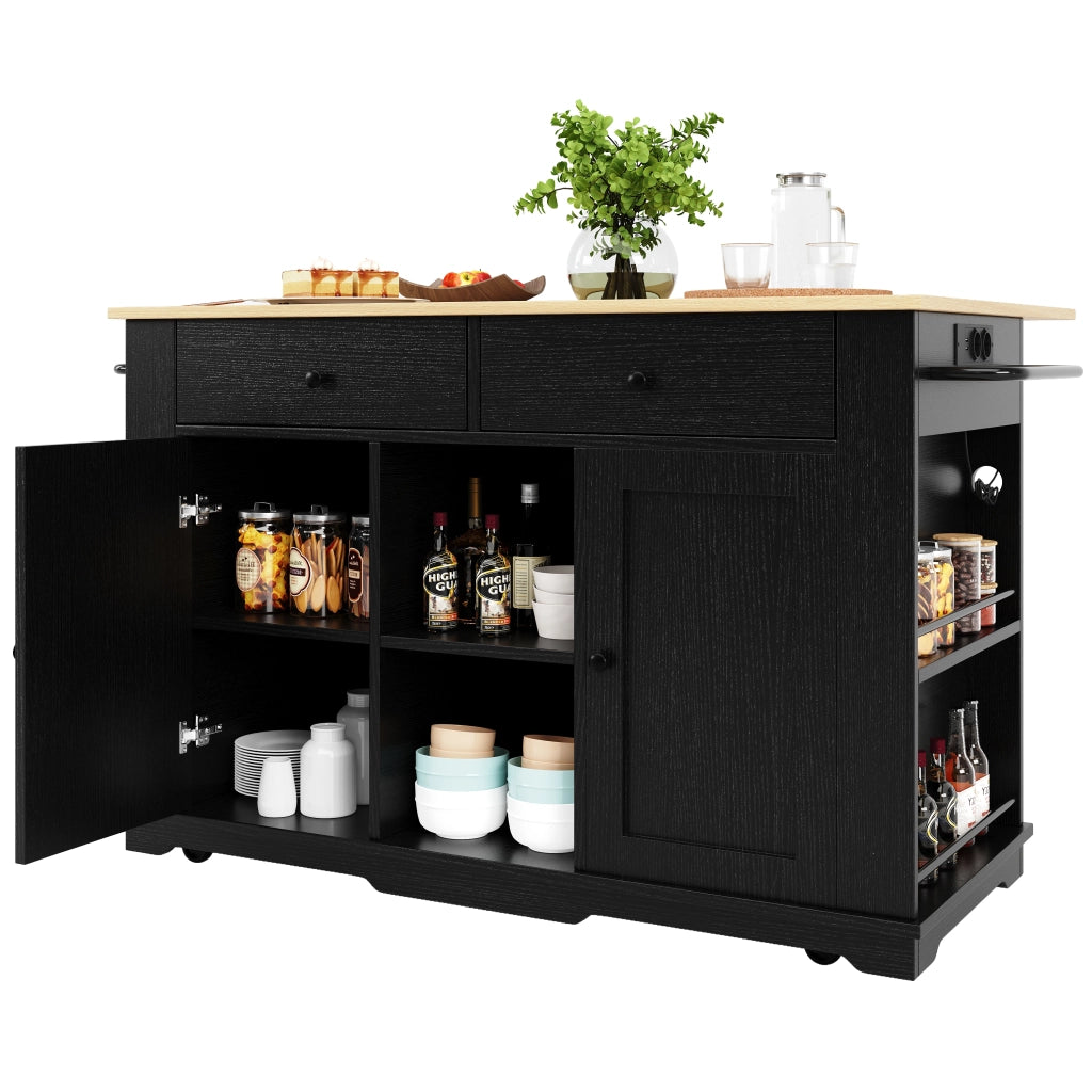 OKWISH Carrello da cucina con 2 Cassetti e 6 Vani, Piano Ribaltabile, Prese di Corrente e Portaasciugamani, per Cucina, MDF e Metallo, Nero e Naturale