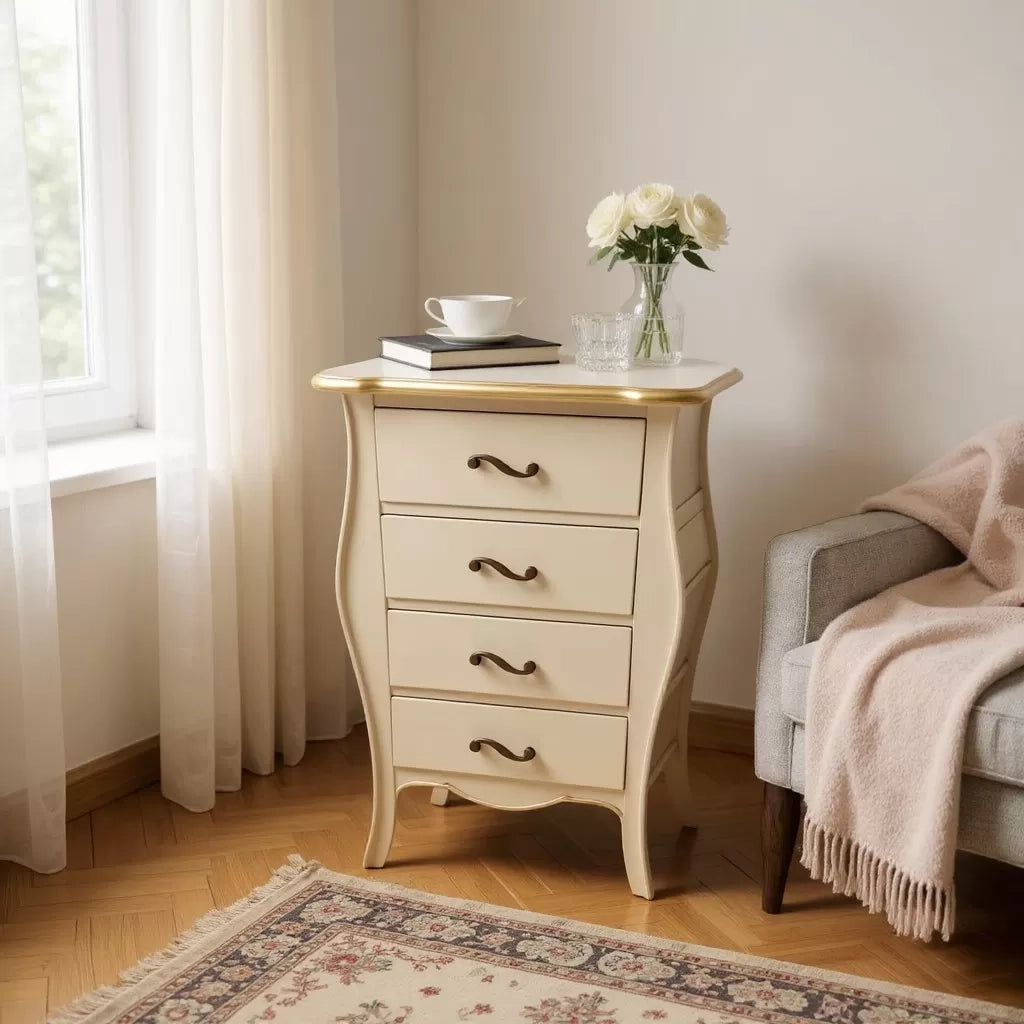 Cassettiera 4 cassetti legno shabby avorio anticato filo oro 62x42x105 - Mobili 2G