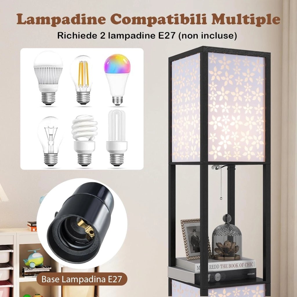 Lampada da Terra a 2 Luci con Mensole, Lampada a Stelo con 2 Paralumi Traforati, Catena a Strappo e Interruttore a Pedale, Richiede Lampadine E27, per Salotto e Camera da Letto (Fiori)