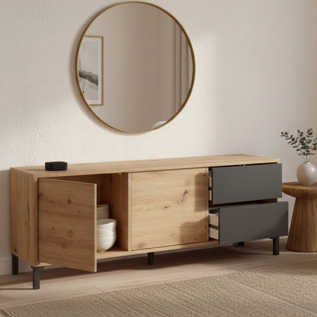 Credenza Anora, Madia moderna a 2 ante, Buffet da soggiorno, Mobile porta TV, Madia con piedini per salotto, cm 130x41h47, Rovere nodi e Antracite