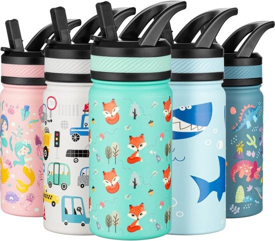 Fiasco termos per bambini - 420 ml, flacone in acciaio inossidabile con beccuccio, privo di latticelli, BPA-free, per scuola, bambini in età prescolare, ragazzi e ragazze (verde - Little Fox)