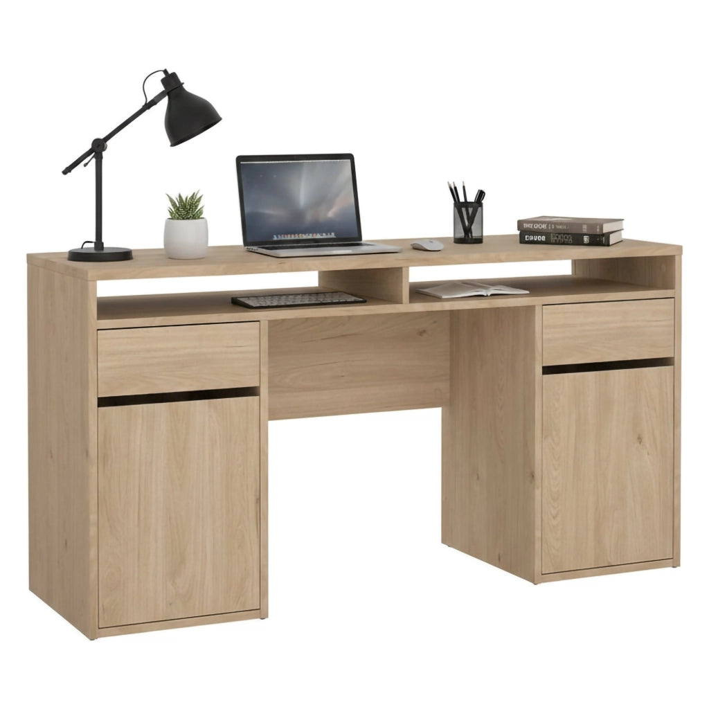 Scrivania Leepi, Scrittoio multiuso, Tavolo per ufficio porta PC, Piano di lavoro, 149x48 h77 cm, Rovere