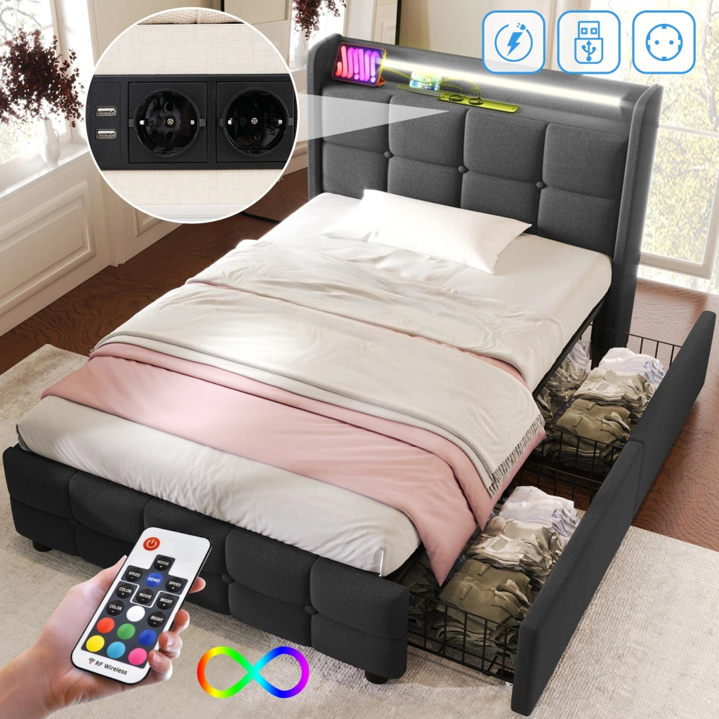Letto imbottito 90x200 - Xylo - Grigio, USB, LED, cassetti (con materasso)