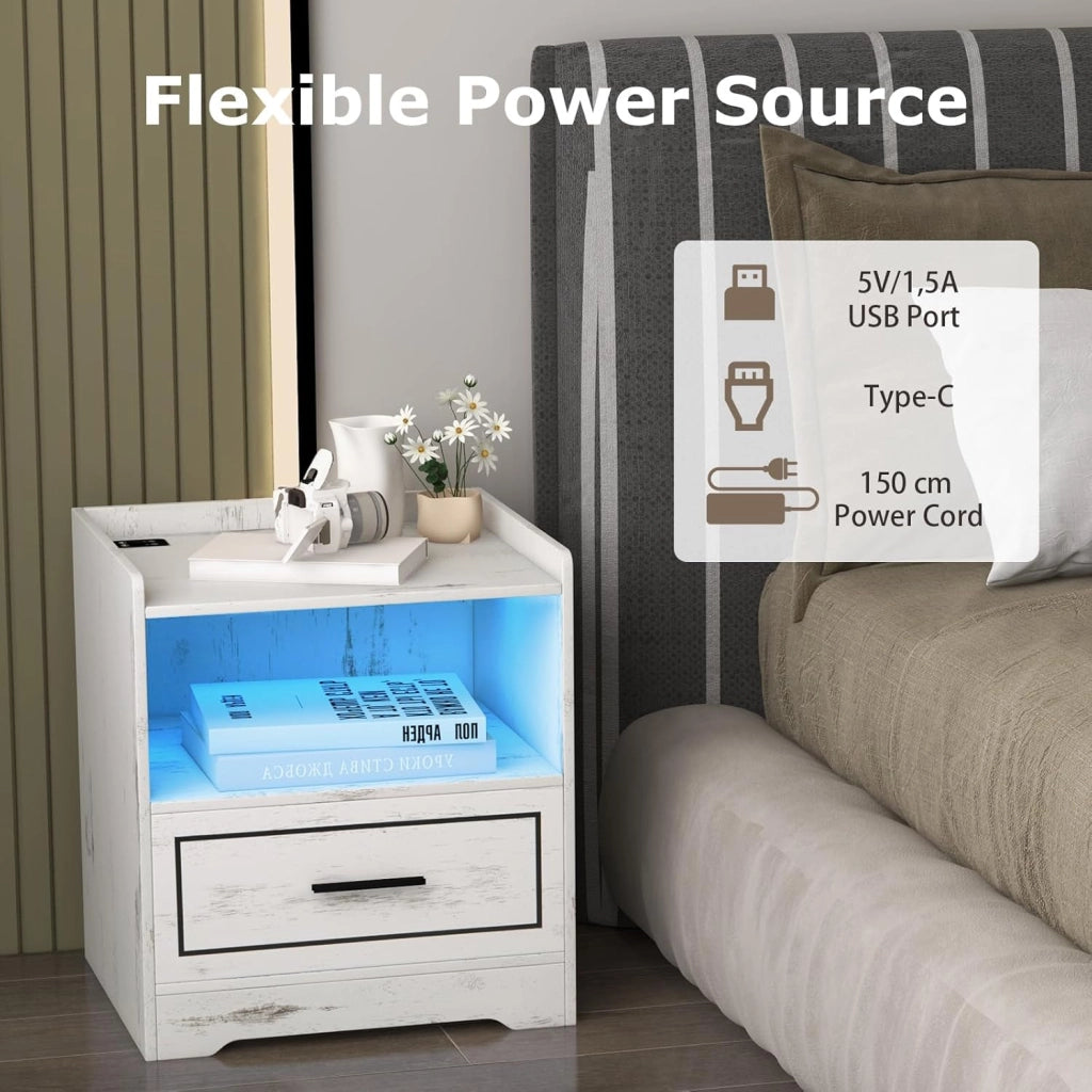 Comodino Camera da Letto con Porte USB e TYPE-C, LED Regolabile, Scomparto e Cassetto, Comodino Piccolo in Legno, Comodino Cameretta Moderno per Soggiorno, 45 x 40 x 50 cm (Bianco x 2)