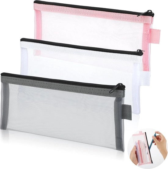 Set di 3 etui trasparenti per make-up e matite - Organizzatore a rete nylon mini per bambini, ragazzi e adulti