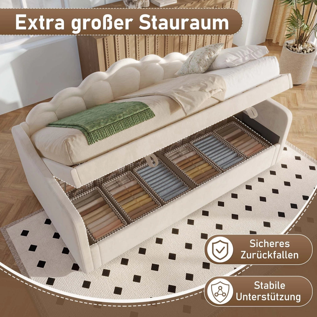 Divano letto con contenitore e LED, in velluto beige, 90x200 cm