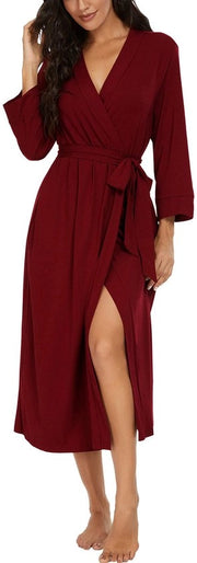 Camicia da camera per donne con collo V, badjas 3/4, camicia da camera con maniche lunghe, abbigliamento da notte in lana (rosso vino, M)