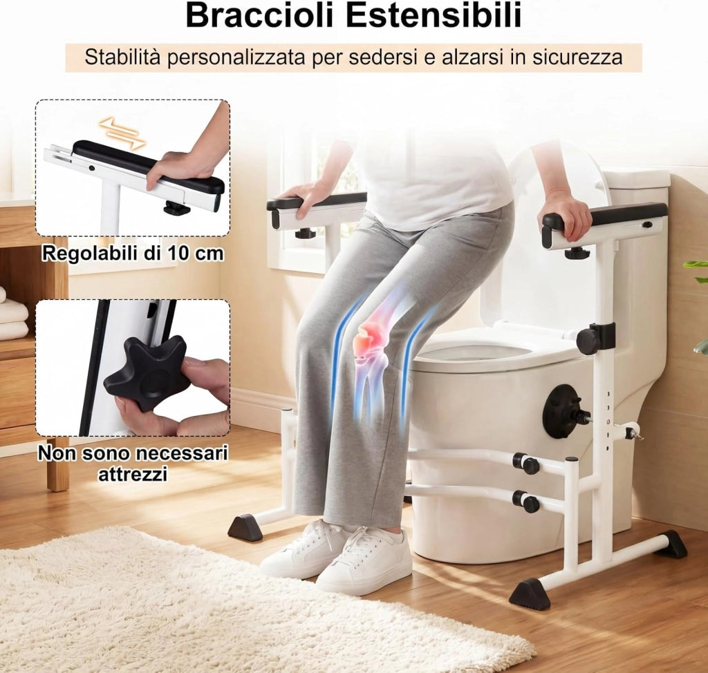 Ringhiera di Sicurezza per WC portata 136 kg, Barra Bagno Altezza e Larghezza Regolabili con Corrimano, Maniglione, Sedile Bagno Antiscivolo per Maggior Parte di WC per Anziani, Donne Incinte