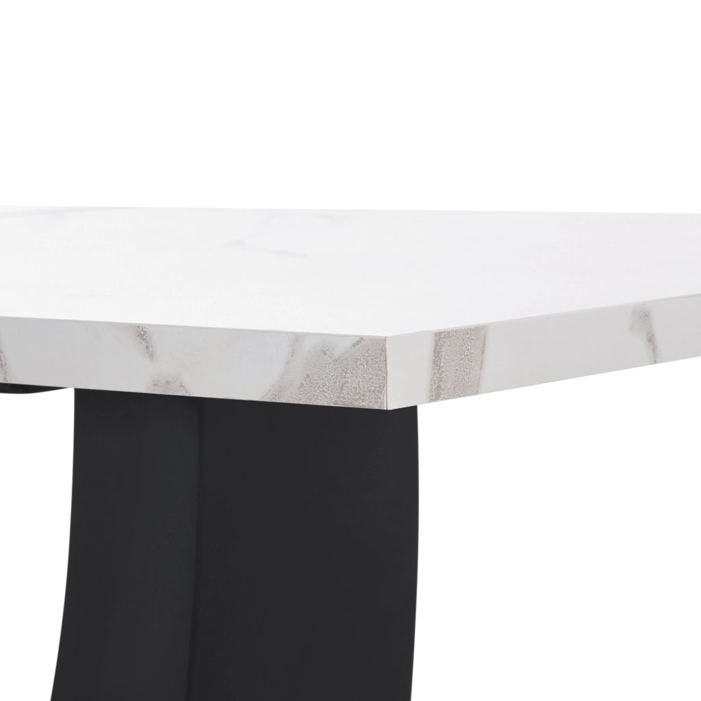 Tavolo da pranzo con piano effetto marmo, struttura in MDF e metallo, per cucina e soggiorno, bianco nero, 140 × 75 × 75,5 cm