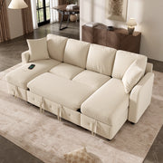 Divano letto a U in chenille beige con funzione estraibile, 2 chaise longue contenitore, USB e Type-C, 260¡Á128¡Á82 cm