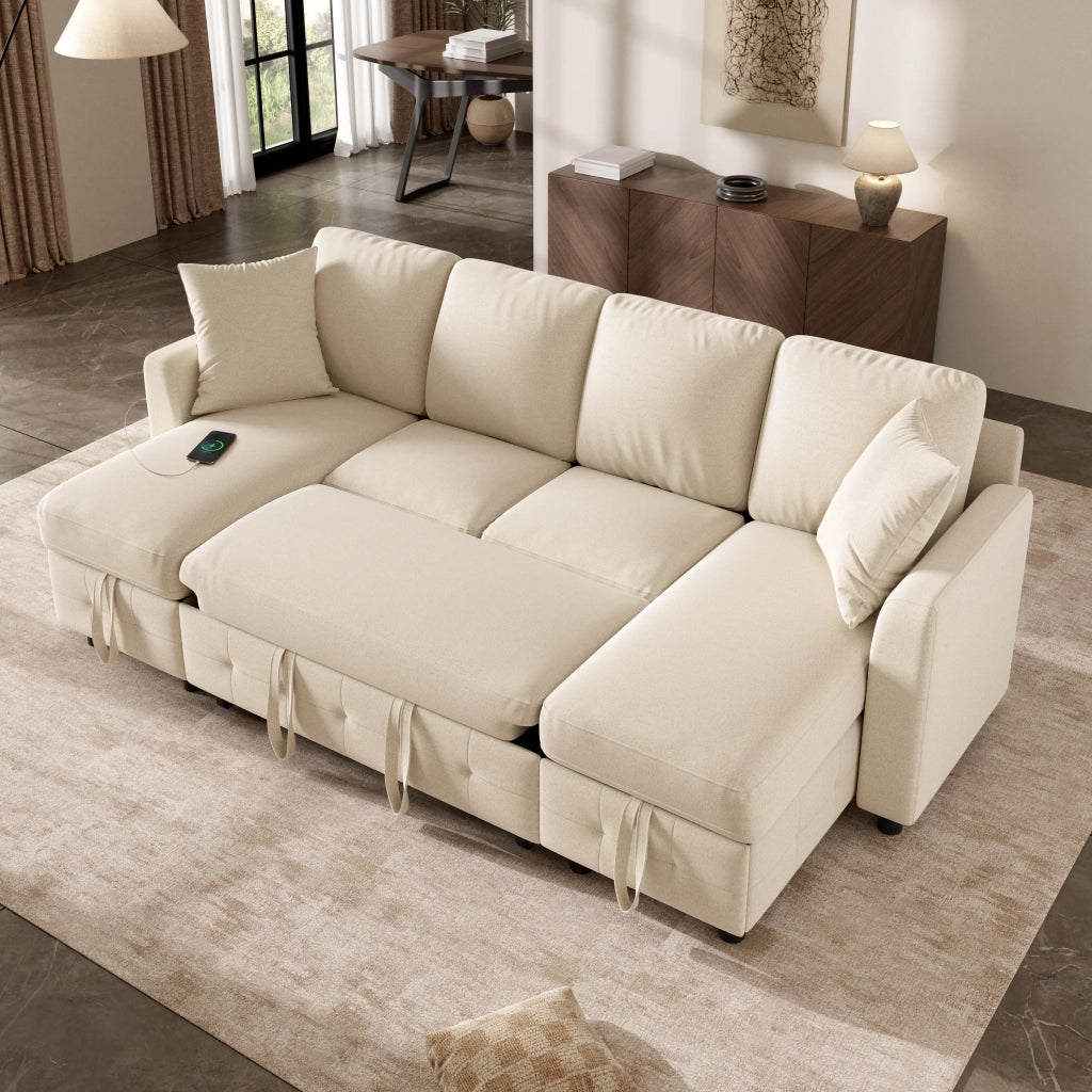 Divano letto a U in chenille beige con funzione estraibile, 2 chaise longue contenitore, USB e Type-C, 260¡Á128¡Á82 cm