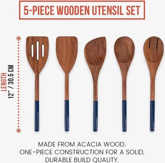 Set di utensili in legno per cucina, cucchiai, spatole, 5 pezzi, 30 cm di lunghezza, attrezzo da cucina non aderente (blu scuro)