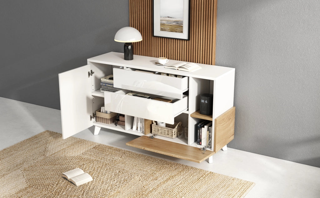 Credenza Moderna Bianco Lucido e Legno Madia 130 cm con 2 Cassetti e Ante Stile Scandinavo