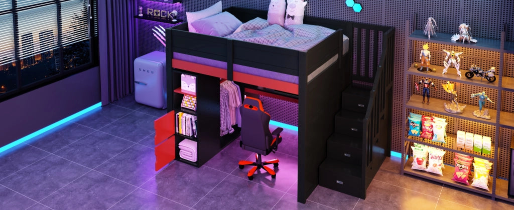 DESMIU Letto a soppalco 140 × 200 cm 2 posti con scrivania, contenitori, LED, USB e scala, senza materasso, nero rosso