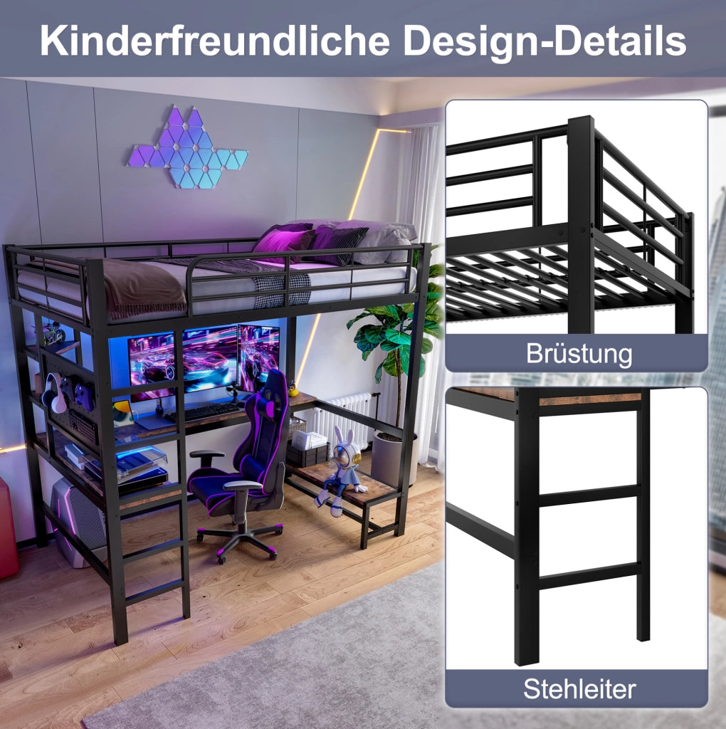 Letto a soppalco 90x200 cm con scrivania, LED e USB-C