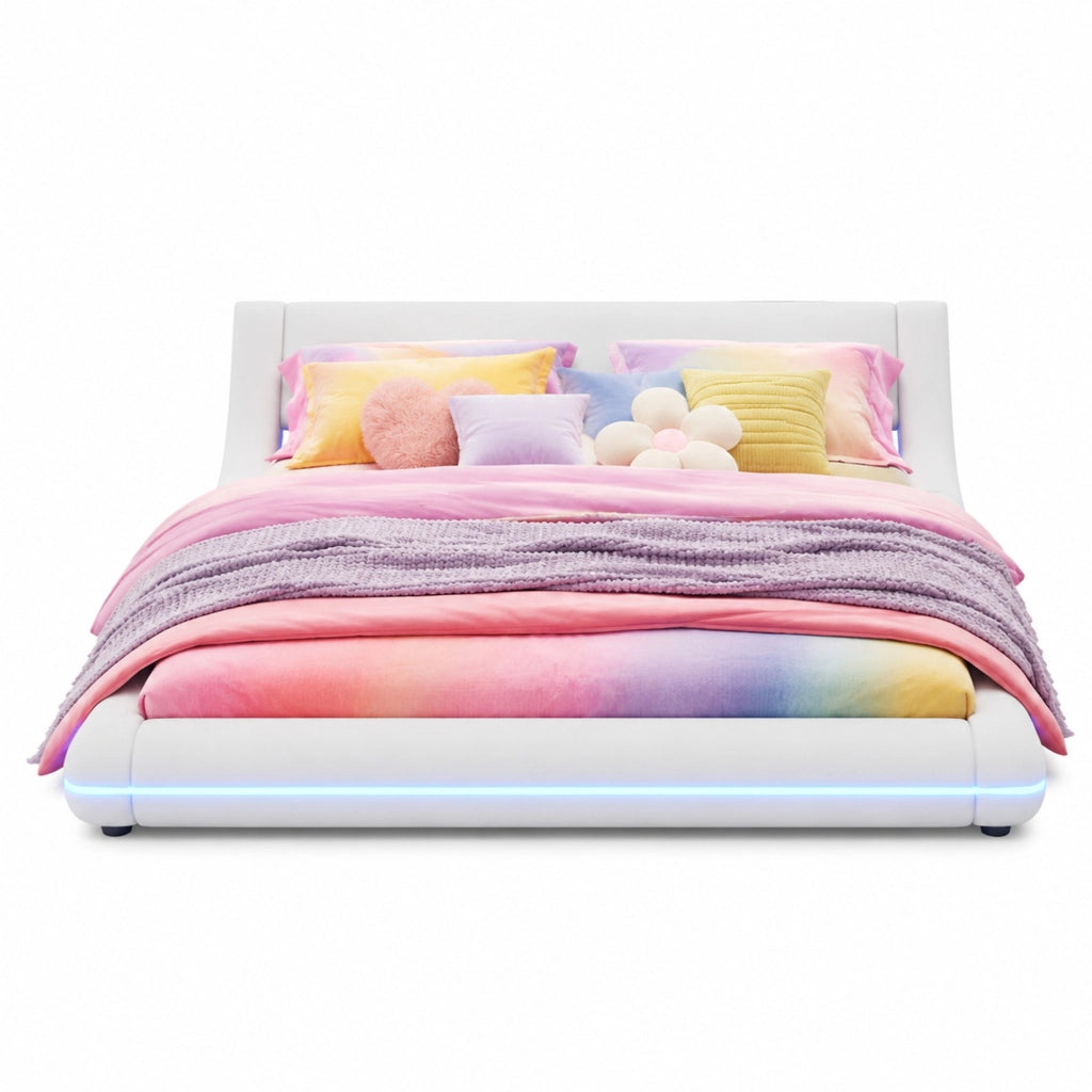 Letto a pavimento 160x200 cm con LED e struttura bianca