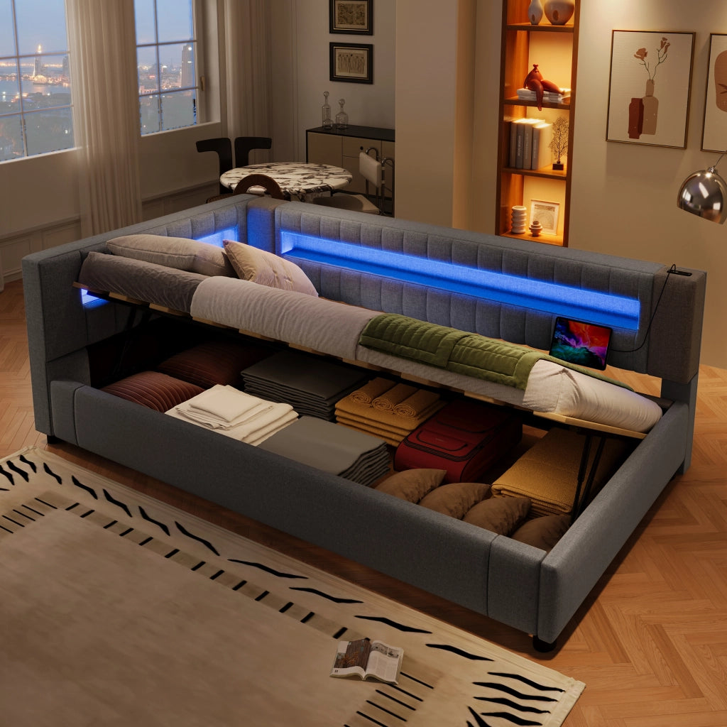 OKWISH Letto a Divano 90×200 cm, Letto Singolo con Contenitore, USB, Tipo C e LED Regolabile, senza Materasso, in Lino, Grigio