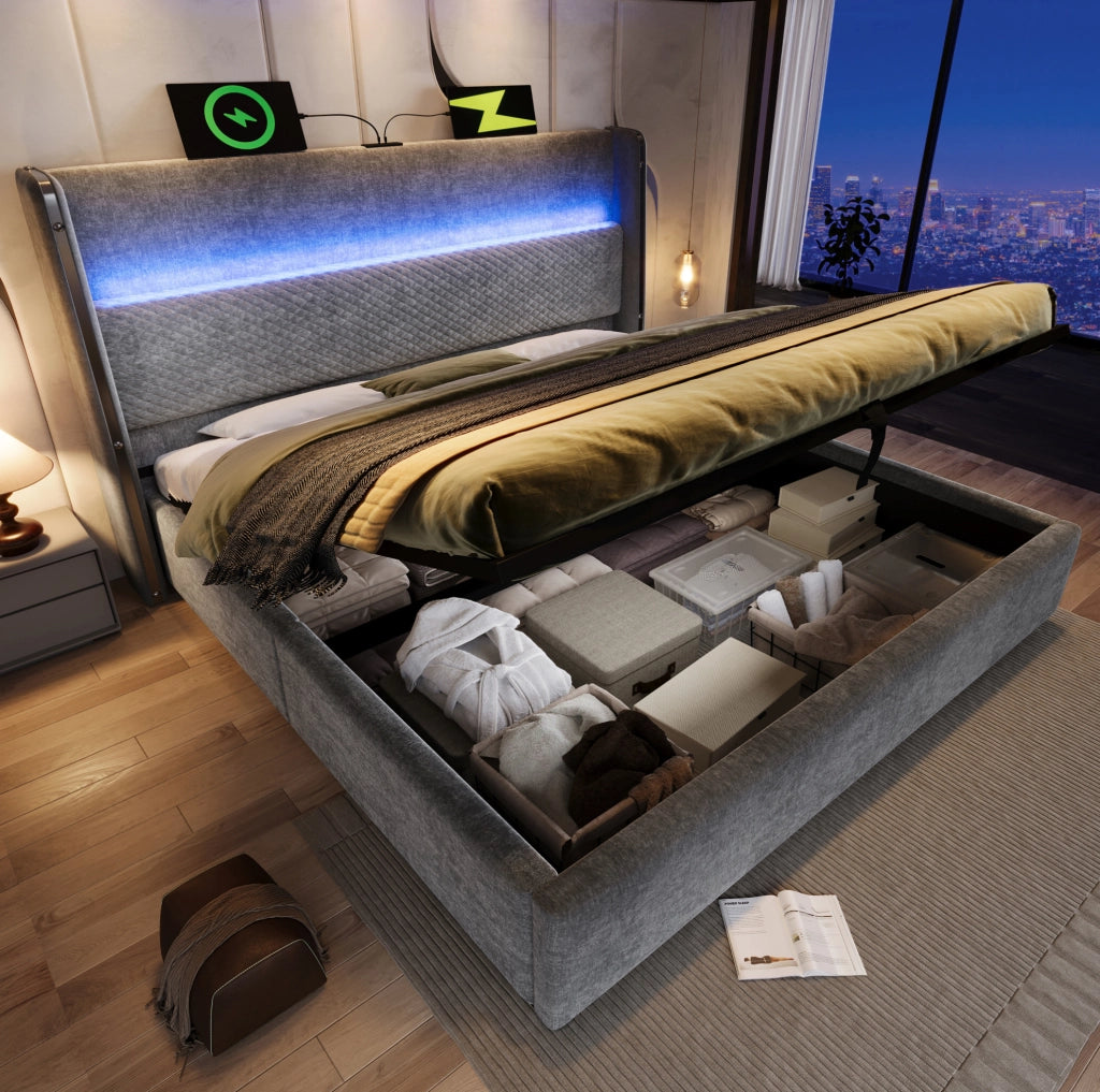 Letto contenitore ULEVR 180x200 cm con LED, USB e Type-C, testiera alta in lino grigio