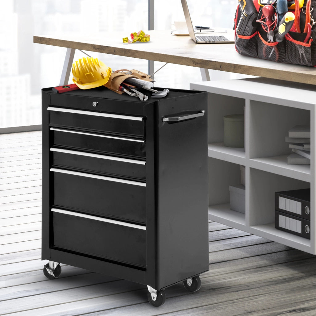 Carrello per attrezzi con ruote ¨C zephmum ¨C 5 cassetti, serratura, 61.5x33x82.5 cm, nero