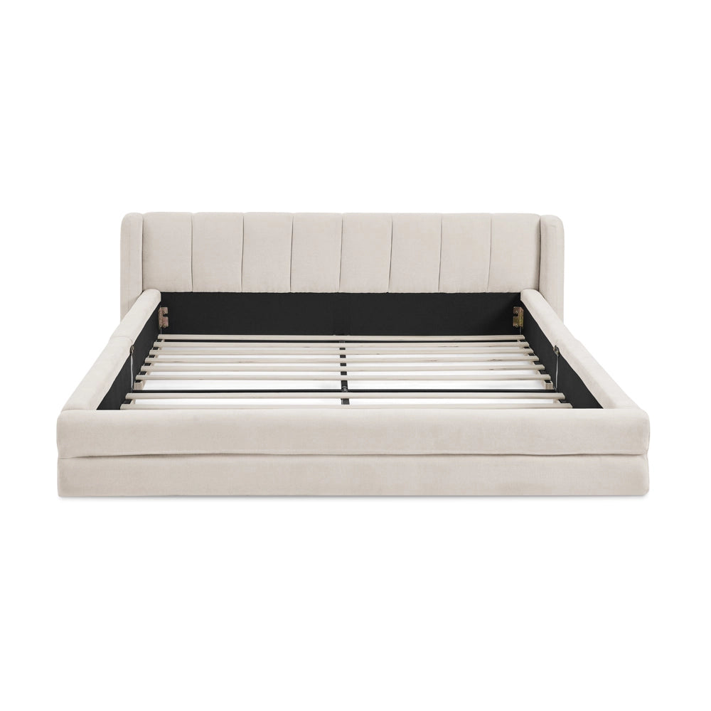 Letto Matrimoniale Imbottito ¨C MINIMAL ¨C Tessuto Chenille Beige, Struttura Legno e Metallo, 160x200