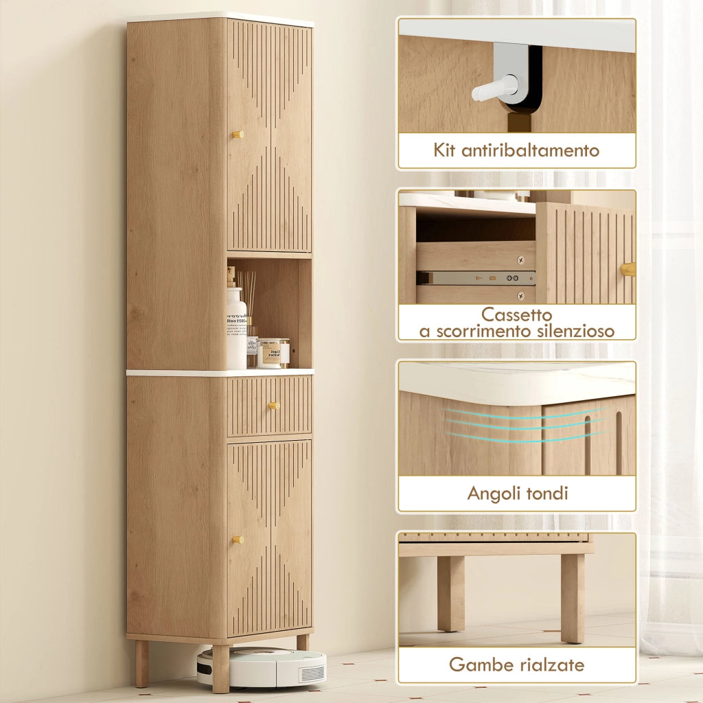 Mobile a Colonna Bagno 41,5x30x168 cm con  Ripiano Effetto Marmo e Ante Decorate in MDF Rovere