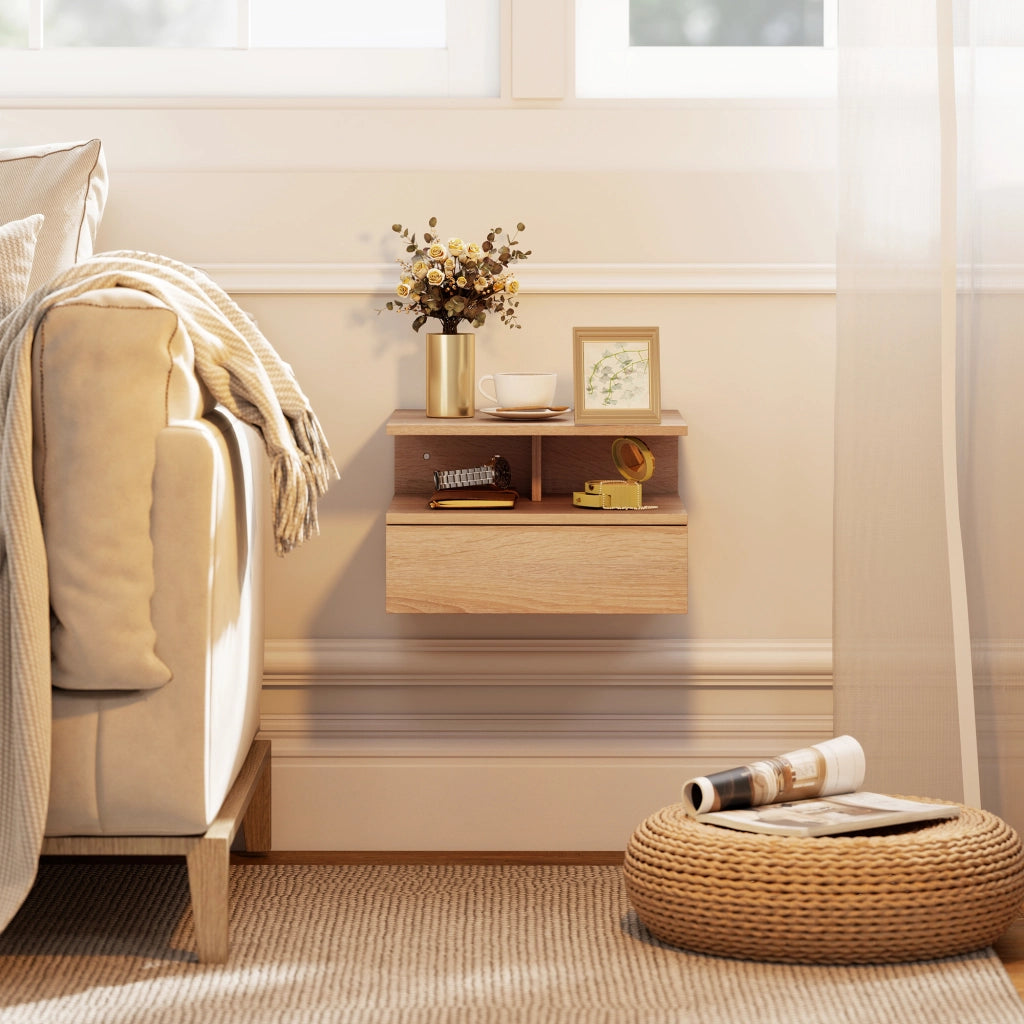 Set di 2 Comodini Sospesi 35x32x22,5 cm con Cassetto e Mensola Aperta in Legno Rovere