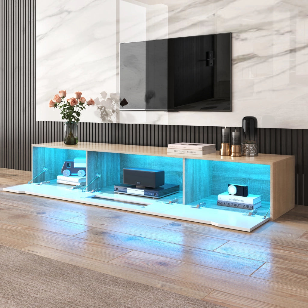 Mobile TV con Ante Scanalate e LED 16 Colori; Bianco Lucido e Effetto Legno; 180¡Á35¡Á30 cm; in Pannello Truciolare