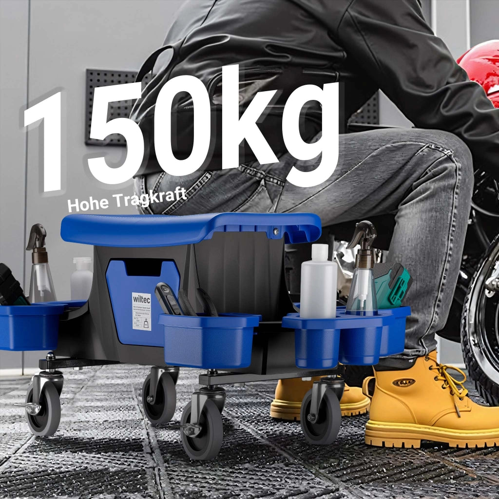 Sgabello da officina con ruote e cassetto per attrezzi, portata 150 kg, 6 scomparti intercambiabili, sgabello da lavoro con ruote