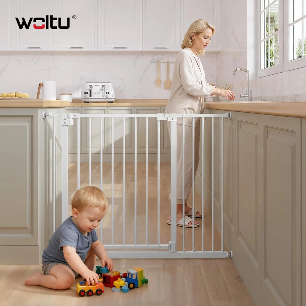 Cancelletto per Bambini in Metallo, Cancello per Scale e Porte con Apertura 75-107cm, Cancelletto per Cani Apribile in 2 Direzioni, Chiusura Doppia, Montaggio con/senza Foratura, Bianco