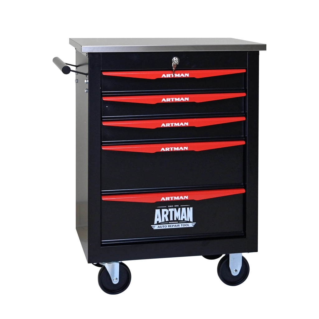 Mobile contenitore con 5 cassetti e ruote in acciaio per garage e officina, con chiusura a chiave, nero rosso