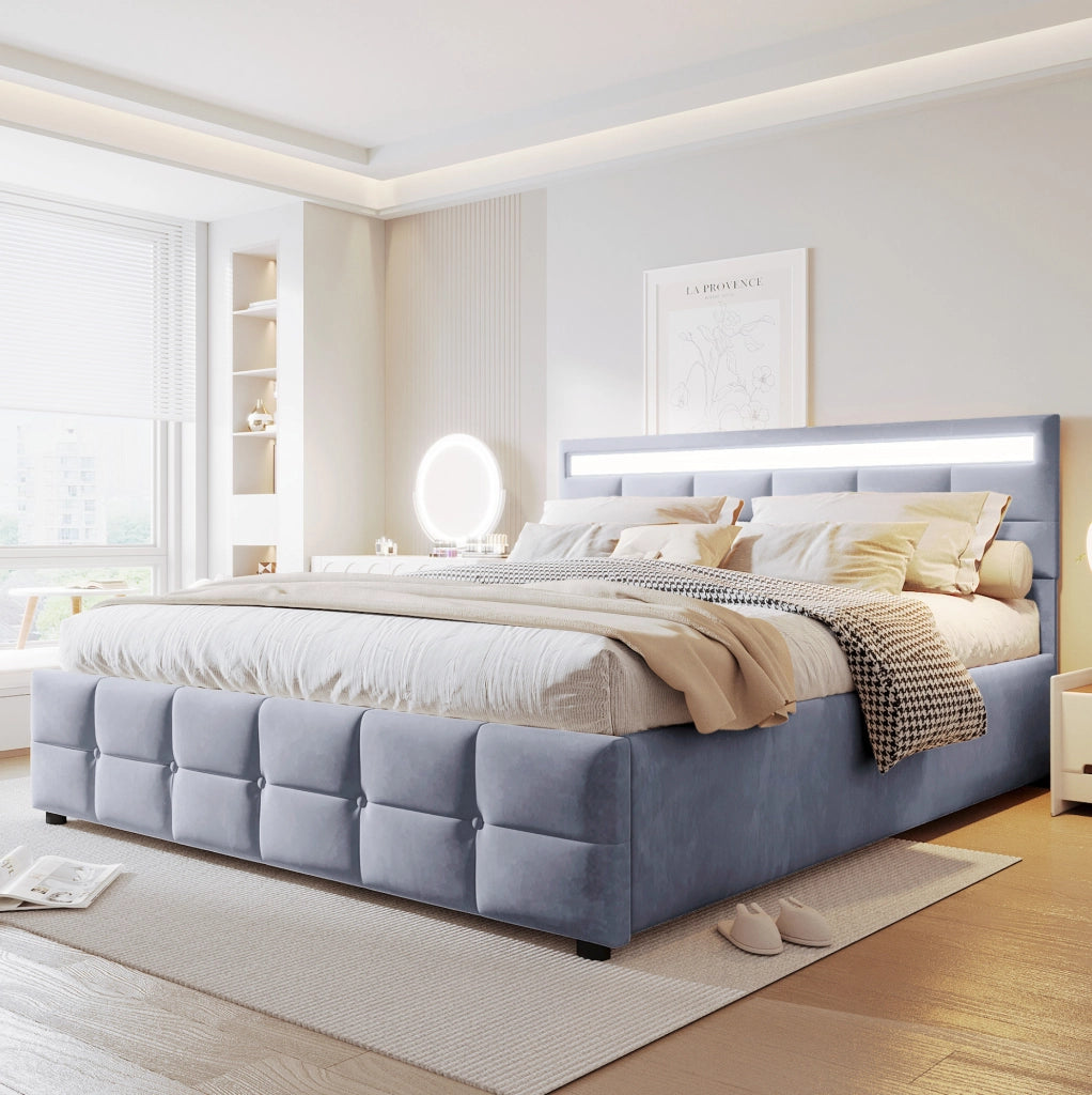 Letto imbottito ULEVR 180x200 cm con contenitore idraulico e luci LED, velluto grigio