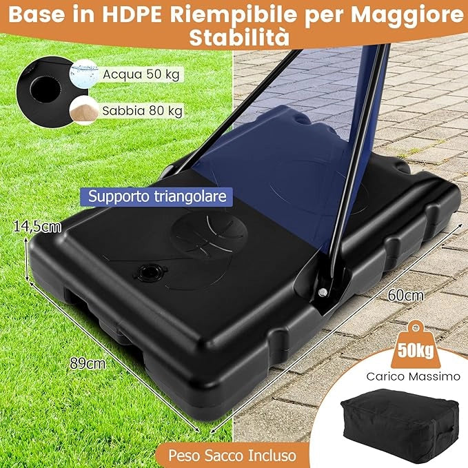 Canestro da Basket Regolabile 125-305 cm in Altezza per Bambini ed Adulti, Canestro con Piantana a Ruote, Canestro con Asta e Base Riempibile per Interno ed Esterno, Nero