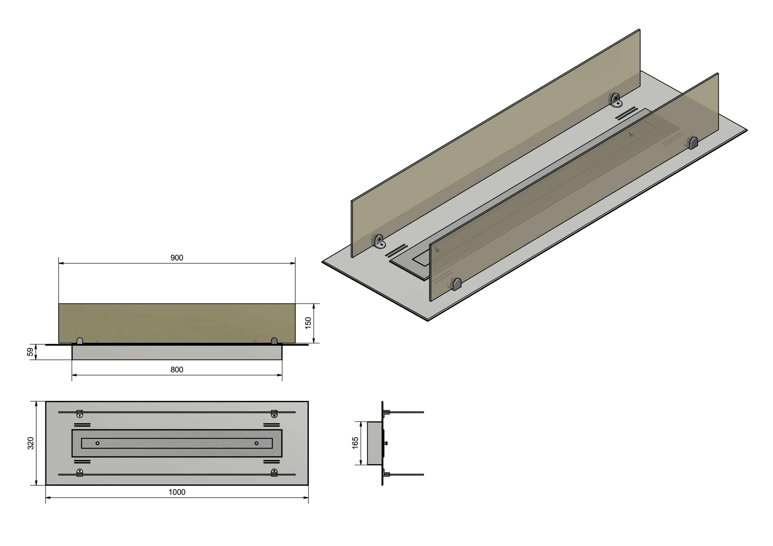 Camino a Bioetanolo da Incasso 100x32 cm Insert 1000 in Acciaio Inox