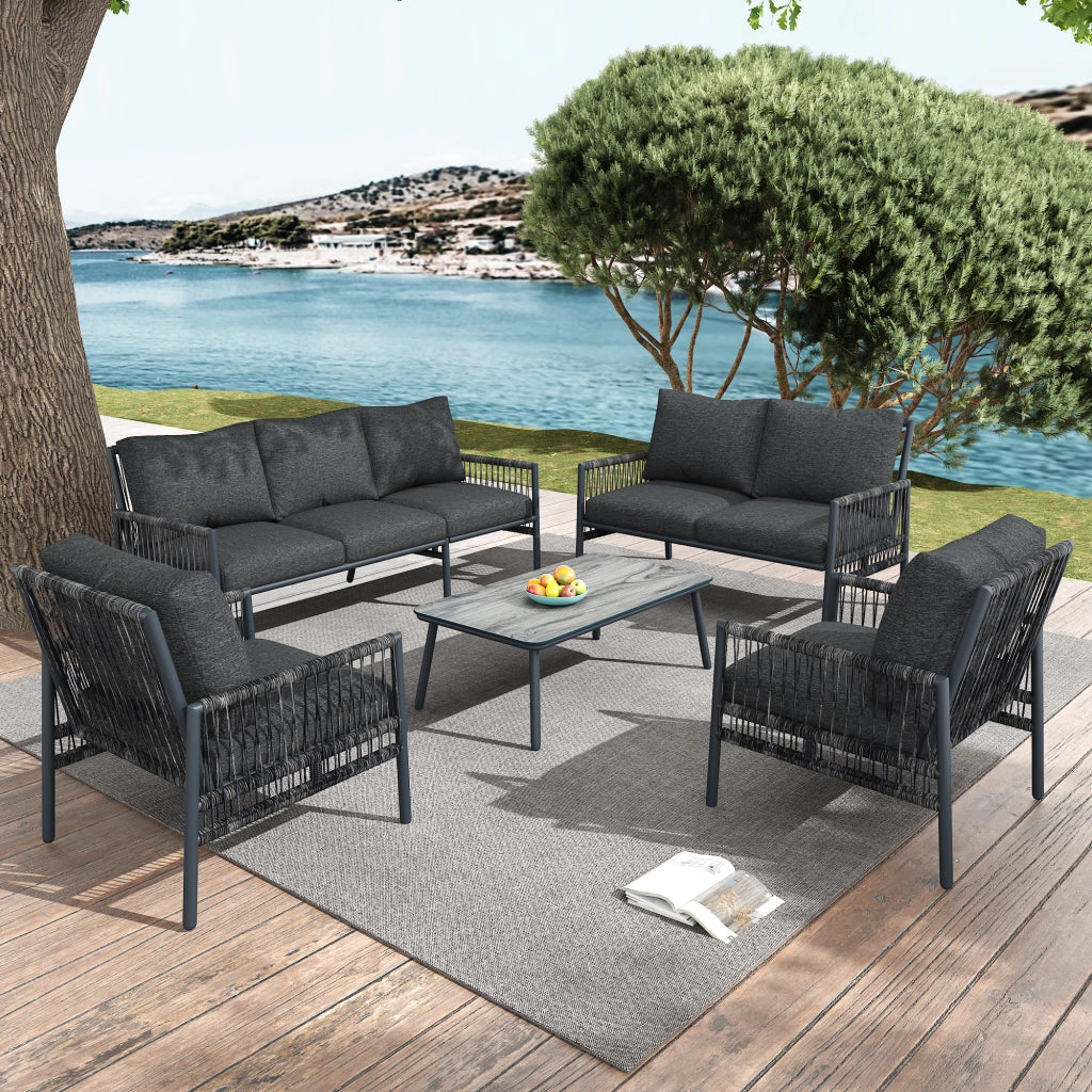 Set Divano da Giardino 7 Posti con Tavolino ¨C MINIMAL ¨C Polyrattan Grigio, Vetro, Cuscini Rimovibili