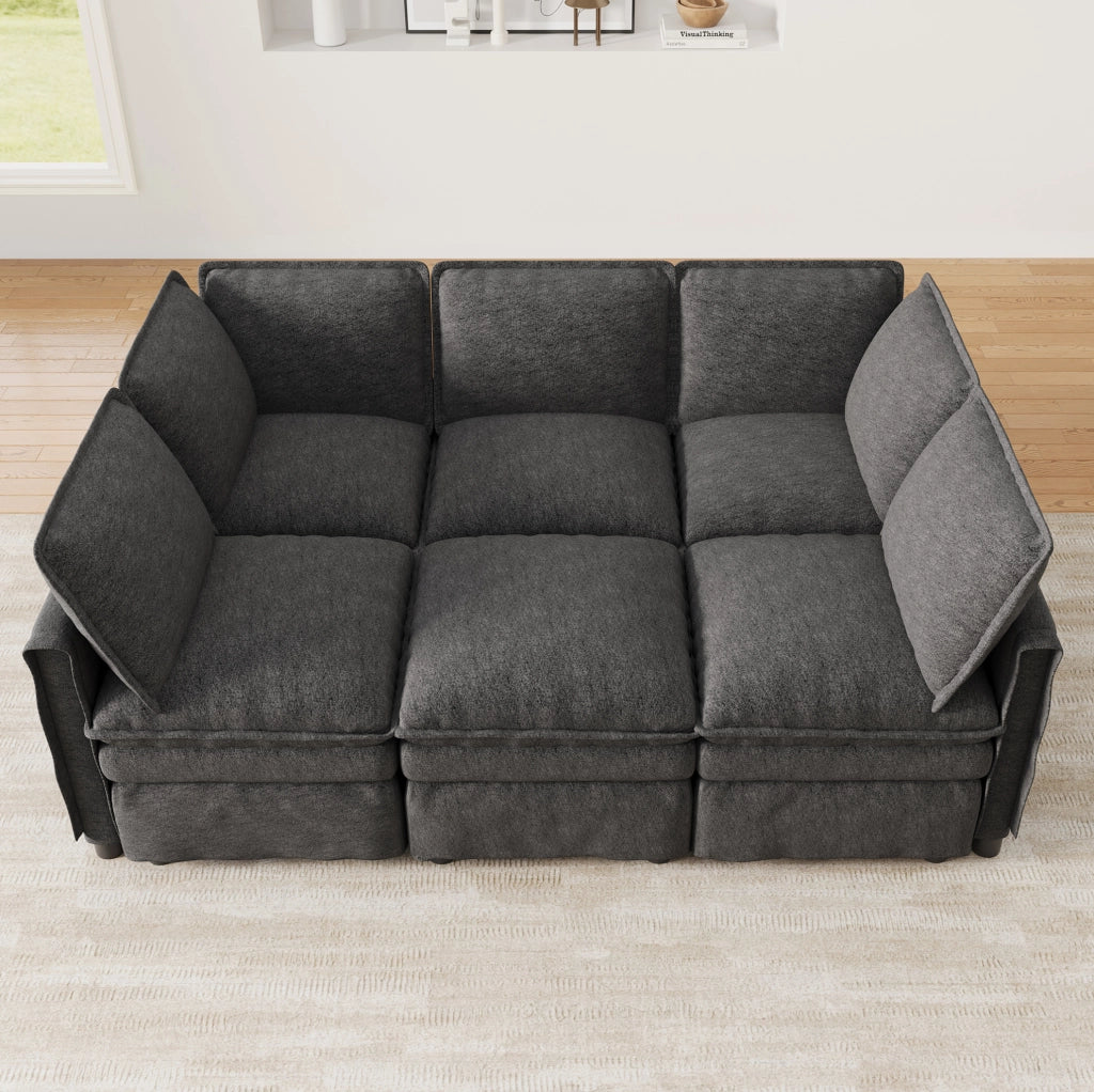 Divano modulare 6 posti in ciniglia grigio con pouf, 344 cm