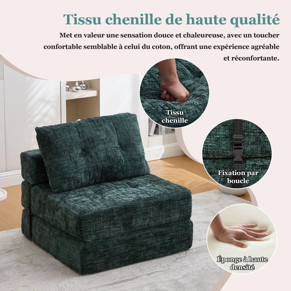 OKWISH Divano Letto Pieghevole con Schienale e Cuscini per Testa e Zona Lombare, Salvaspazio, Ciniglia Verde Smeraldo