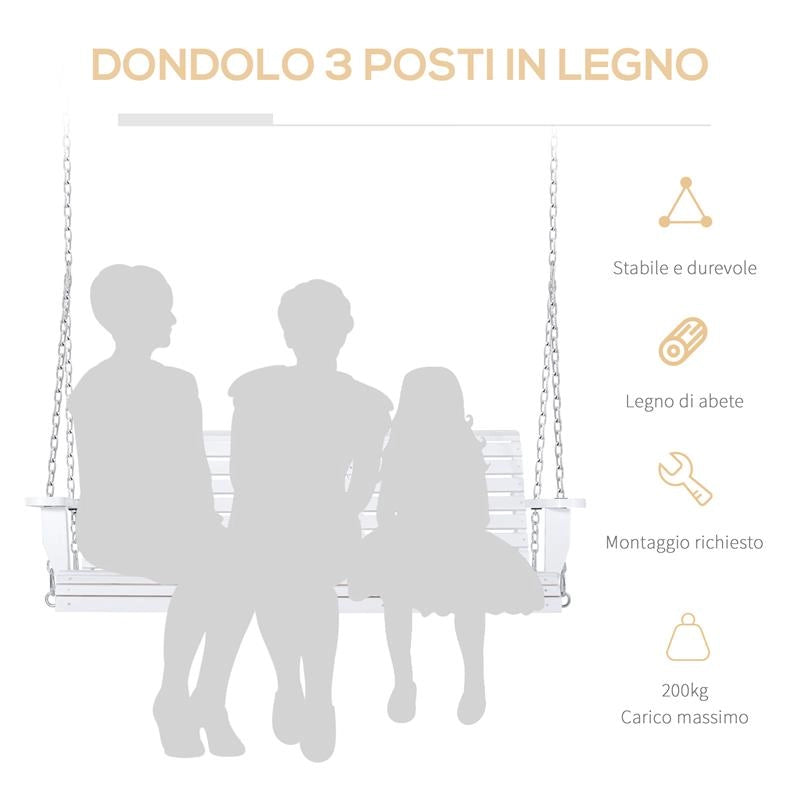DONDOLO 3 POSTI DA ESTERNO CON TAVOLINO CENTRALE E PORTABICCHIERI, IN LEGNO E METALLO, 150X75X53 CM, BIANCO