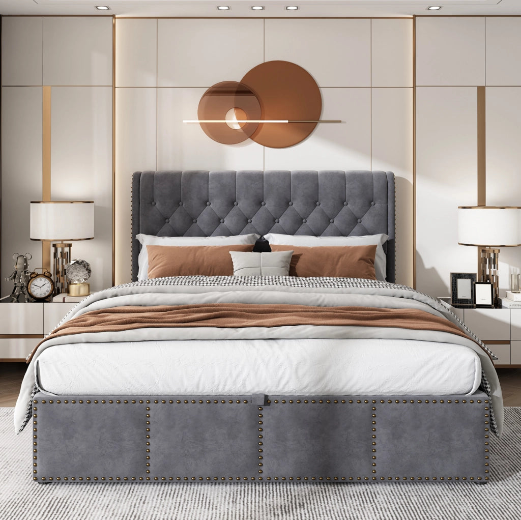 Letto imbottito 140x200 cm in velluto grigio con contenitore e rete a doghe