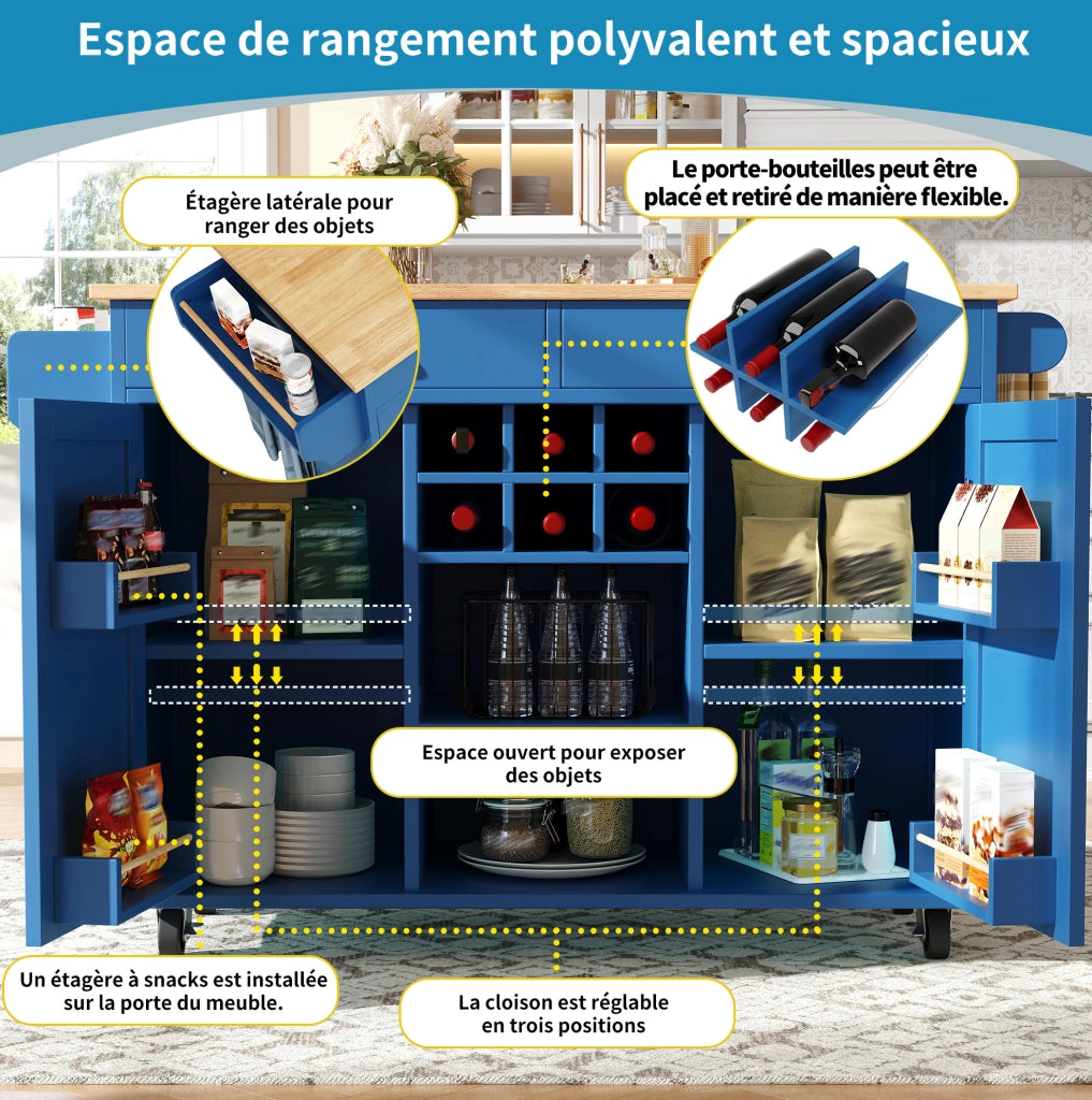 Isola da cucina mobile 102x45x92 cm blu con portabottiglie