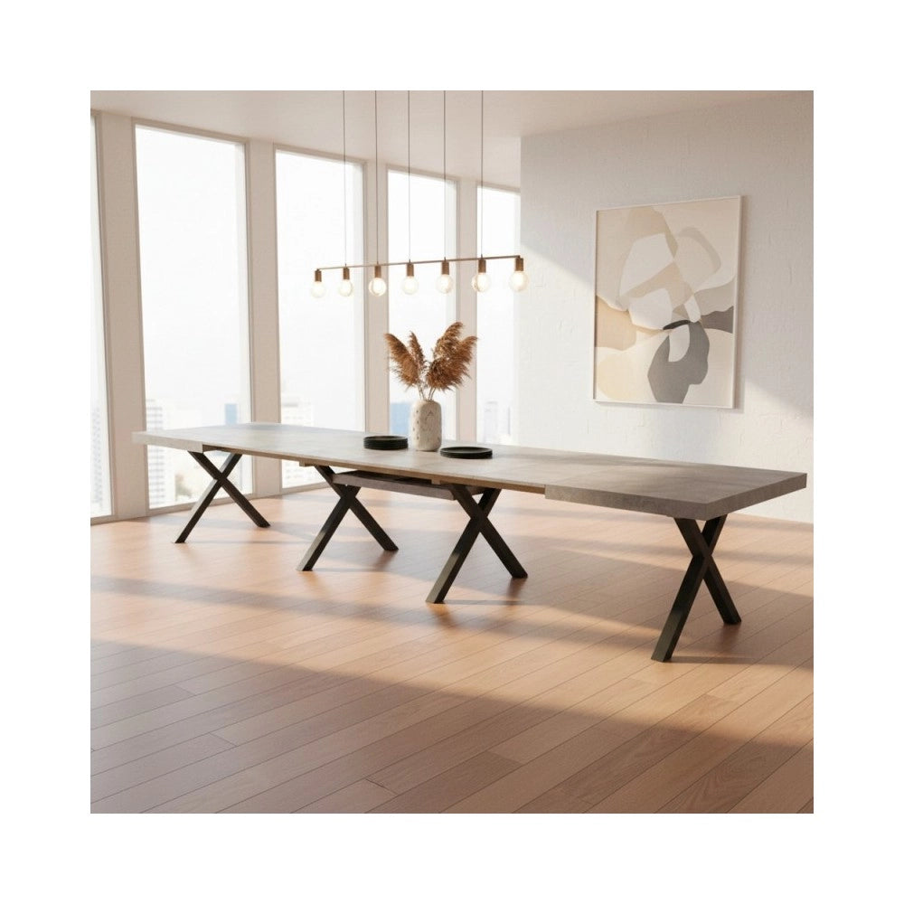 Tavolo Allungabile Milonga480 180 cm con Piano Cemento e Gambe Incrociate Antracite